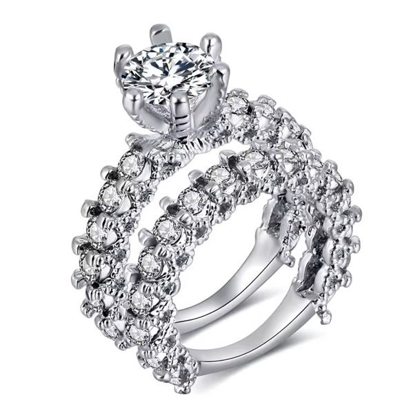 Silver Crystal Engagement Ring Set – Elegant Double Band Bridal Small size